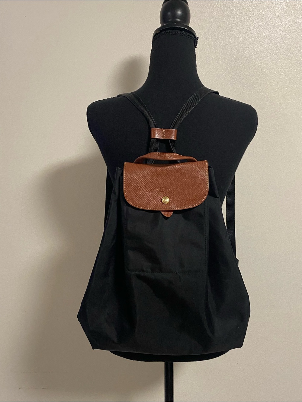 Longchamp Le Pliage Drawstring backpack Black Tan Leather 2 Way Folding NAM LIG